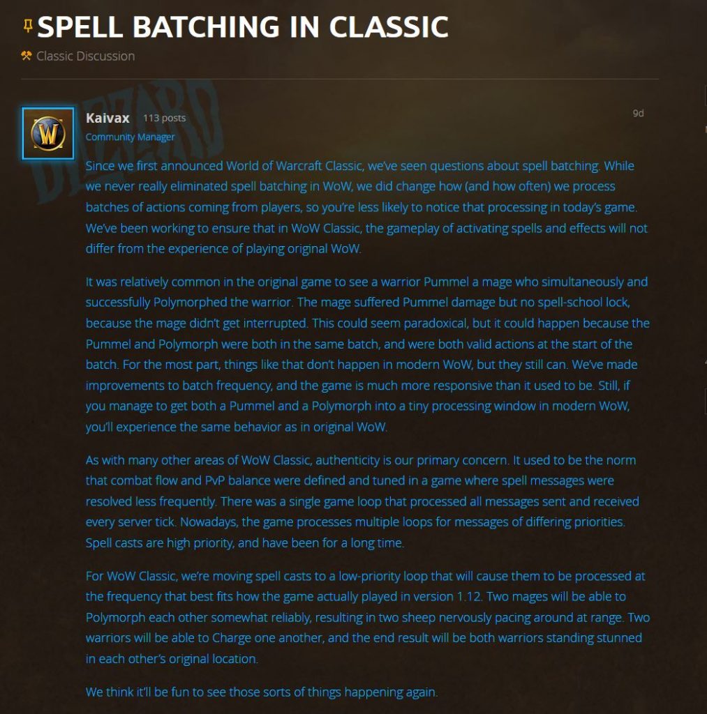 Blizzard talks about Spell Batching in WoW Classic