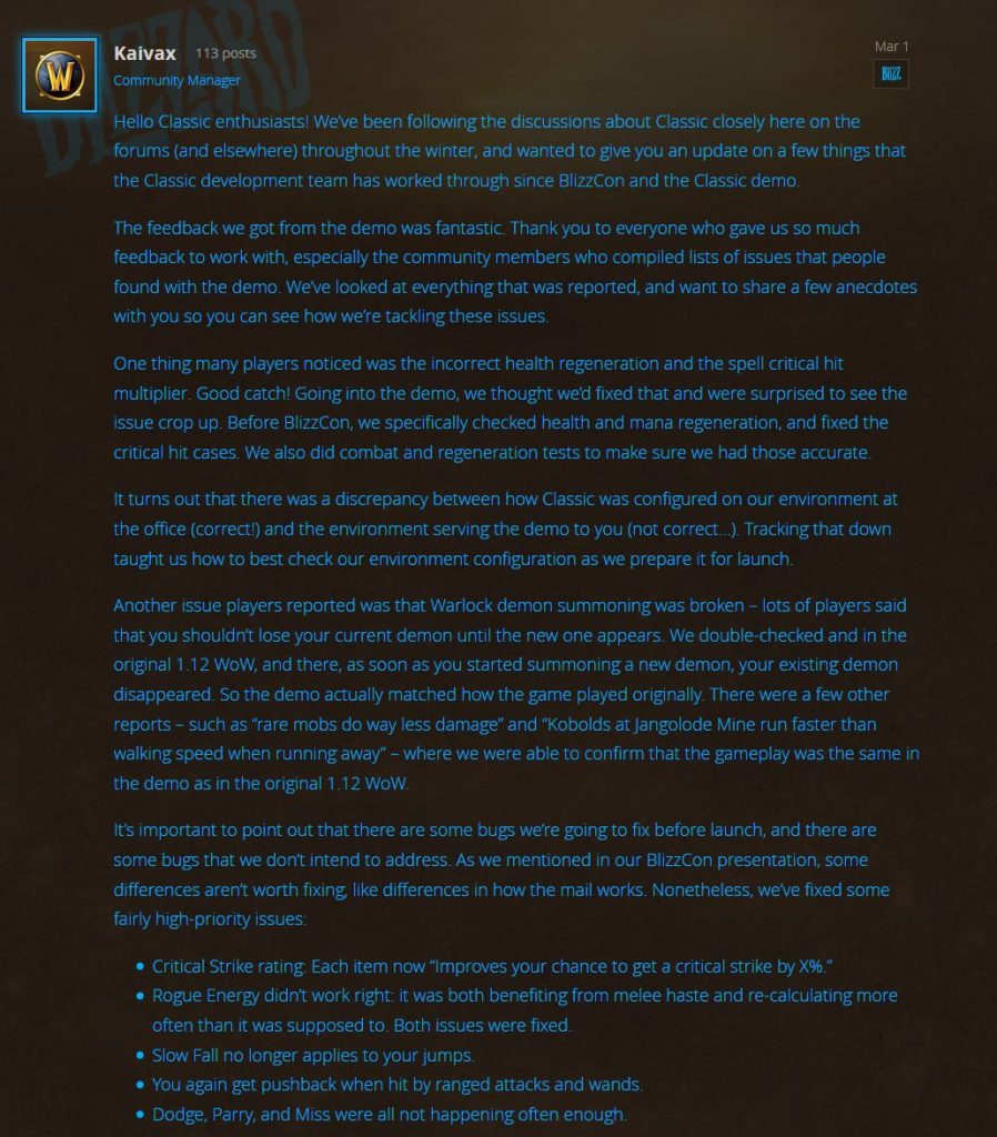 WoW Classic Demo bugs update & fixes